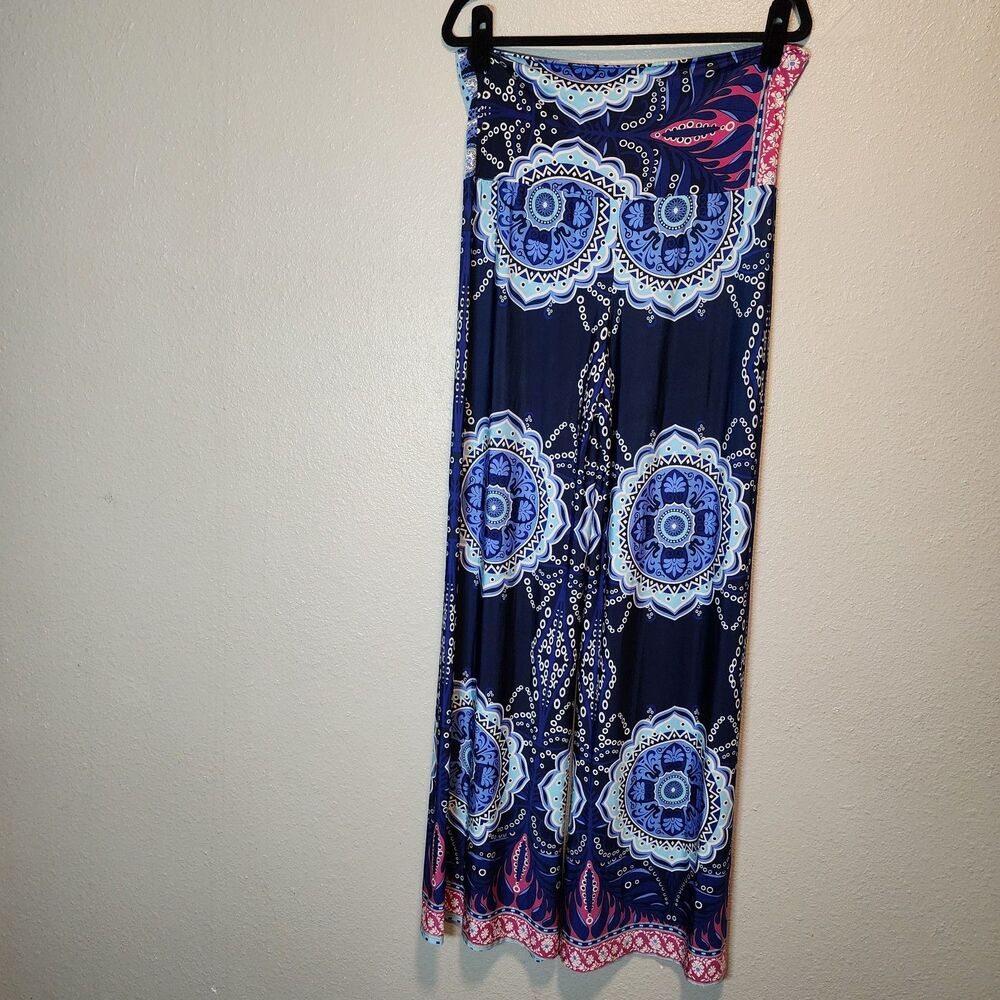 Womens 1XL Strapless Wide Leg Jumpsuit Blue Pink Mandala Print Boho Stretch 1X